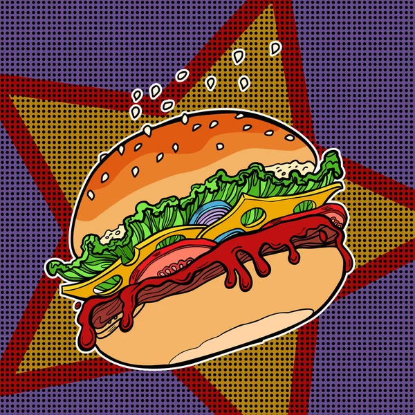Hamburguesa de comida rápida sobre un fondo de estrella — Vector de stock