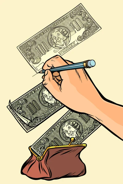 財布にお金が落ちる。偽造お金のドルを描画します。 — ストックベクタ