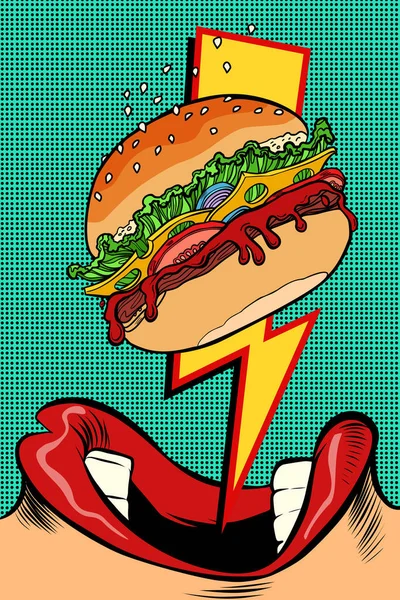 Kadın yemek Burger. Pop sanat tarzı. Kadın ağız