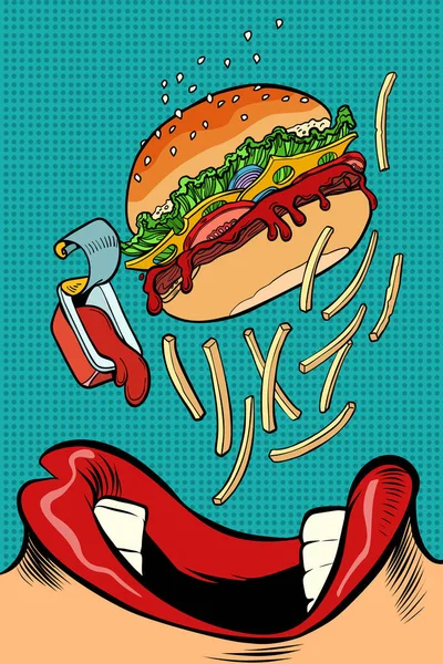 Boca de mujer comiendo una hamburguesa — Archivo Imágenes Vectoriales