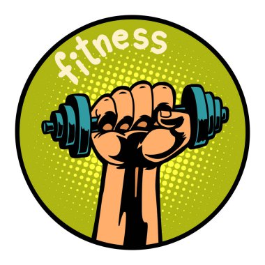 Fitness adam el dumbbell ile. simgesi simgesi daire amblemi. Komik çizgi film pop sanat retro vektör çizim çizim