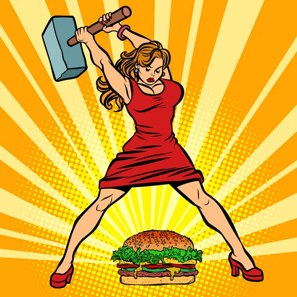 Mujer destruye comida rápida Hamburguesa — Vector de stock