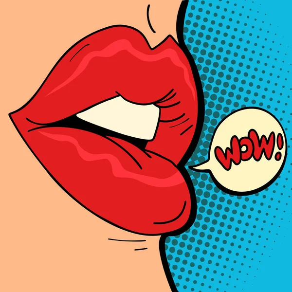 Usta Kobiety Wow Ilustracja Wektorowa Retro Pop Artu Komiks Kreskówka — Wektor stockowy