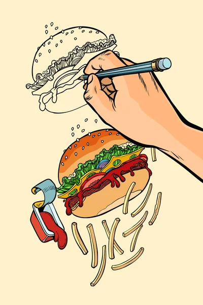 La mano del artista dibuja una hamburguesa, papas fritas y ketchup rápido — Archivo Imágenes Vectoriales