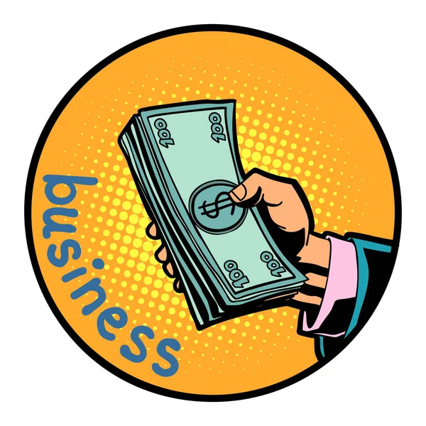 Mão de negócios com dinheiro dólares ícone símbolo círculo emblema — Vetor de Stock