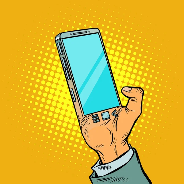 Férfi kézi smartphone. A minialkalmazás beültetése az emberi b — Stock Vector