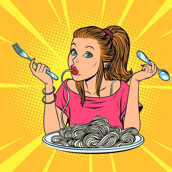 Woman eating spaghetti — Stock Vector