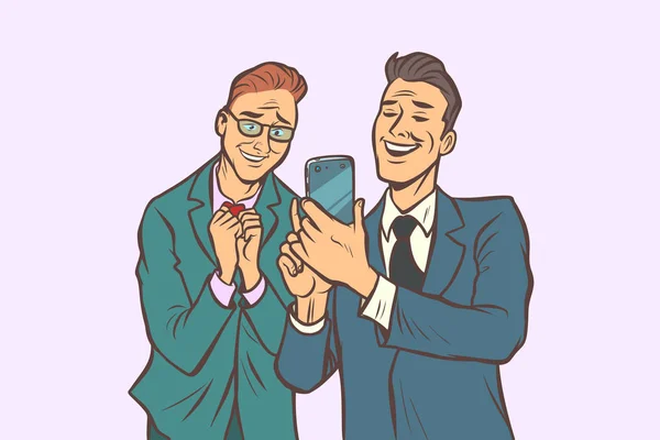 Deux hommes d'affaires affection et joie, regardez le smartphone — Image vectorielle
