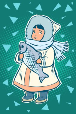 Balık, Ulusal kostüm ile Kuzey yerli çocuk. Çukçi Inuit