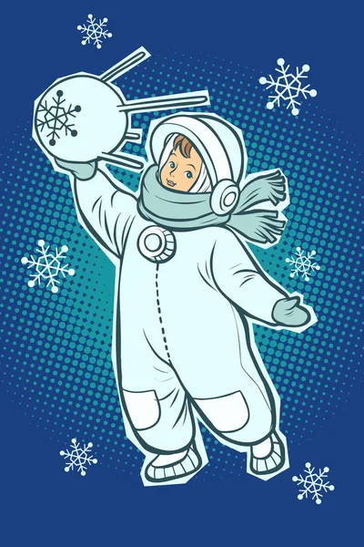 小男孩宇航员。太空卫星在手。冬季降雪 — 图库矢量图片