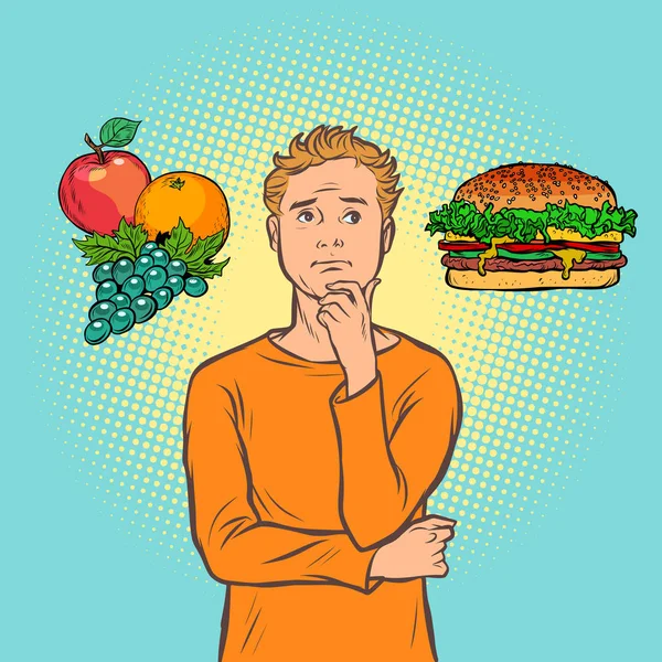 Escolha do homem entre fast food e frutas —  Vetores de Stock