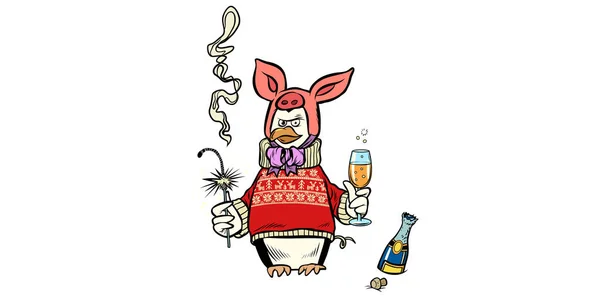 Penguen domuz yeni yıl kutluyor — Stok Vektör