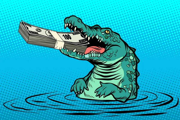 Green crocodile eats money — Stock Vector