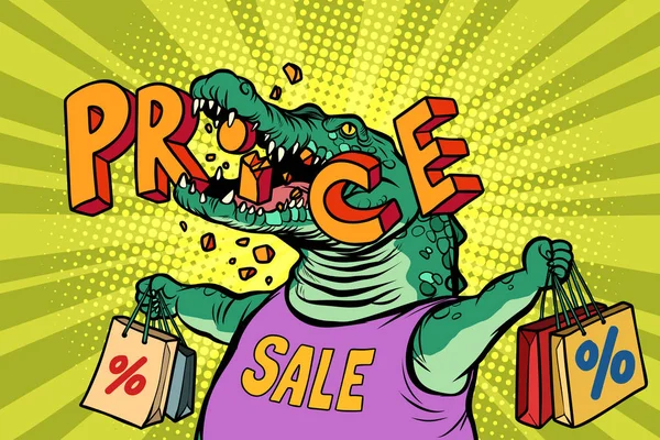 Preços de desconto venda caráter crocodilo verde — Vetor de Stock