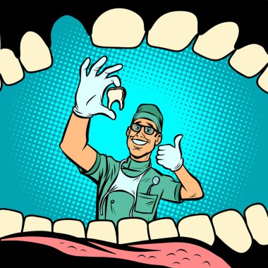 Ağız diş olmadan. Neşeli dişçi erkek doktor