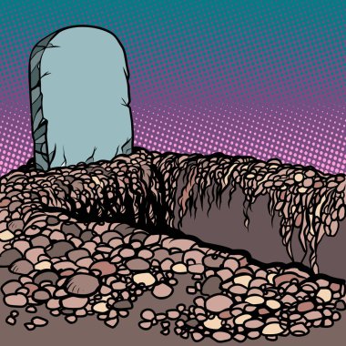 Empty dug grave. Cemetery graveyard churchyard necropolis. Comic cartoon pop art retro vector illustration drawing clipart
