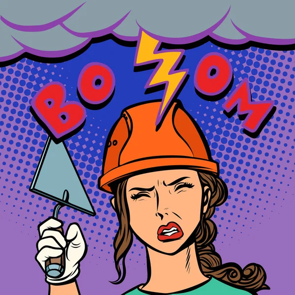 Woman builder lightning beats on the head — Stock Vector