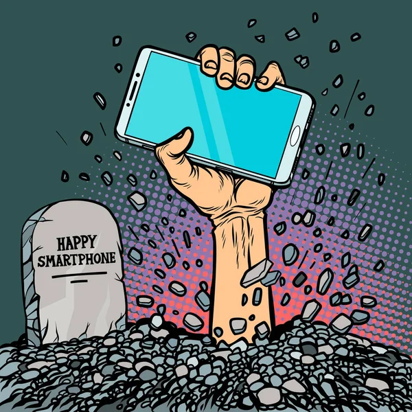 Happy smartphone. zombie hand from the grave — Stock Vector