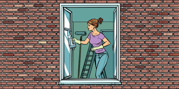 Wanita mencuci jendela, membersihkan rumah - Stok Vektor