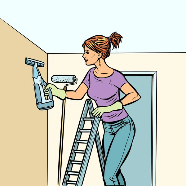 Domu, sprzątanie, Kobieta i kiść wody — Wektor stockowy