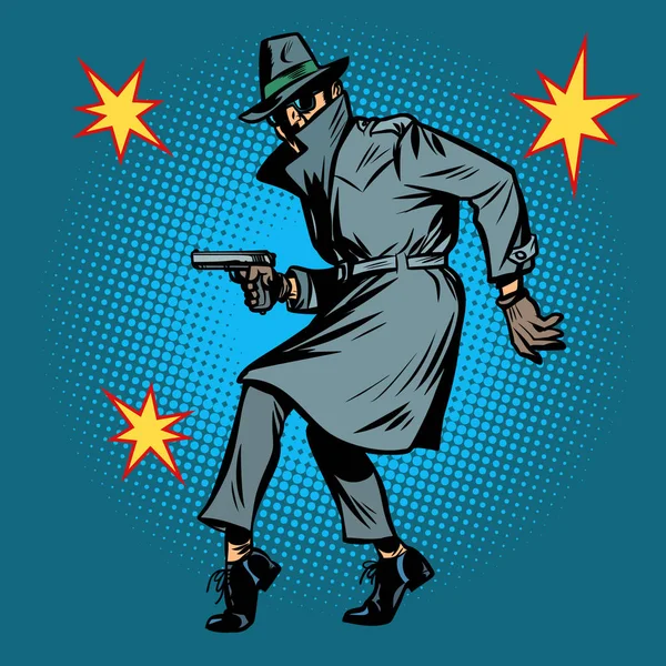 侦探间谍与枪的姿势 — 图库矢量图片