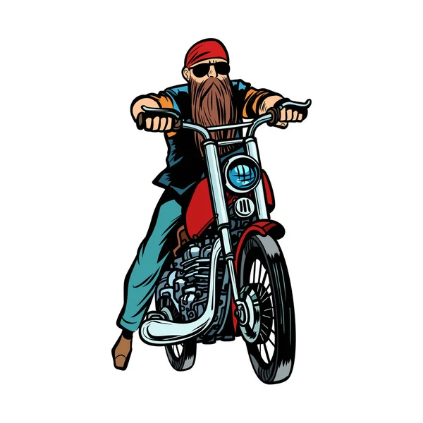 Hombre barbudo motorista en un aislado de motocicleta sobre fondo blanco — Archivo Imágenes Vectoriales