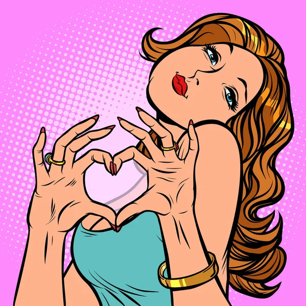 Mujer manos corazón, amor y romance — Vector de stock