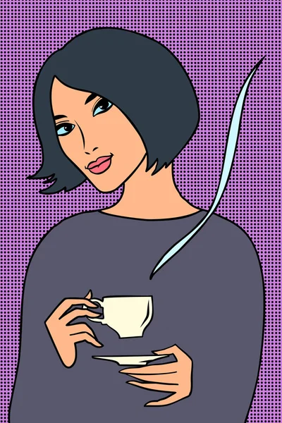 Mujer asiática con una taza de café — Vector de stock