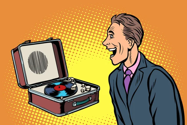 Hombre feliz escuchando música. reproductor de discos de vinilo retro — Vector de stock