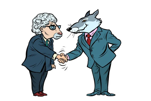 Negociaciones comerciales lobo y oveja, la amistad aislar en fondo blanco — Vector de stock