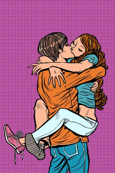 Pár v lásce objetí vášnivý polibek. muž žena hospodářství v náručí — Stockový vektor