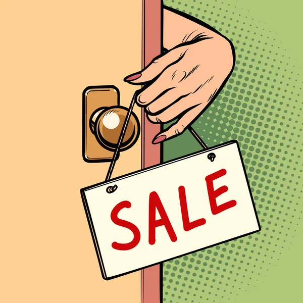Prodej ženská ruka visí nápis na dveřích — Stockový vektor