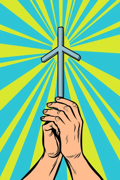 조지아 정교 Grapevine 기독교 십자가 빛, 신자의 손에 — 스톡 벡터