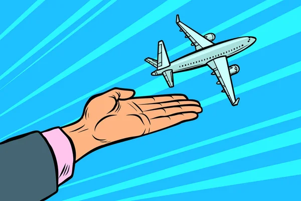 Het vliegtuig opstijgt uit zijn handen. vlucht reizen toerisme — Stockvector
