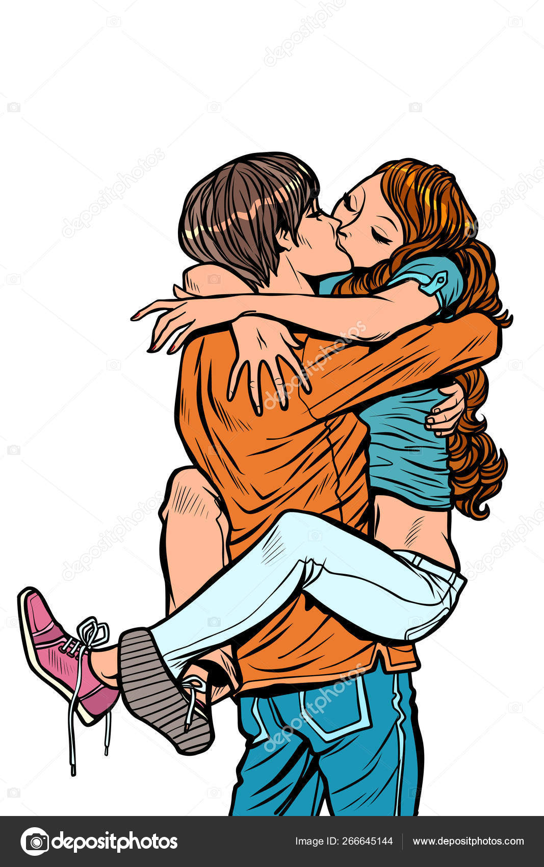 Pareja en el amor abraza beso apasionado. hombre sosteniendo a mujer en sus  brazos Vector de stock #266645144 de ©rogistok, image size:1067x1700