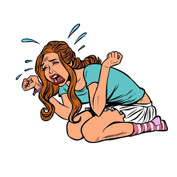 Young beautiful girl crying hysteria panic stress — Stock Vector