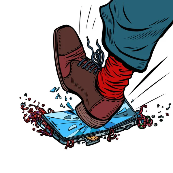 Man breekt de telefoon met zijn voet — Stockvector