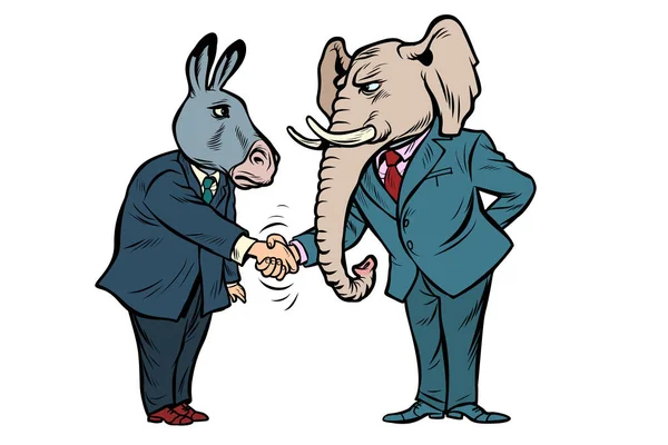 Szamár rázza elefánt kezét. Demokraták republikánusok izolátum fehér háttér — Stock Vector