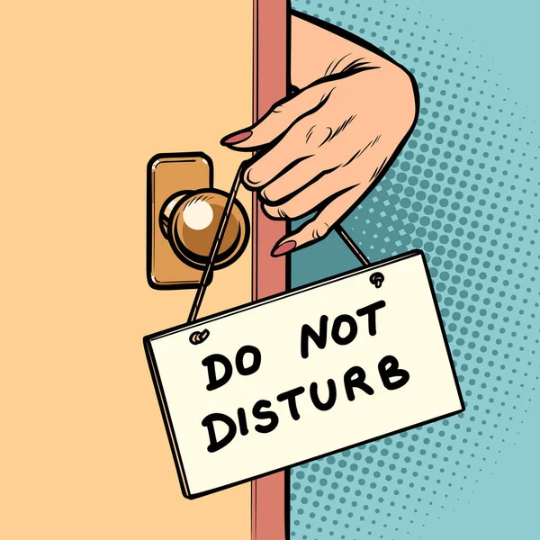 Não perturbe mão mulher pendura um sinal na porta —  Vetores de Stock