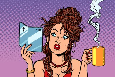 Woman drinking coffee or tea. A smartphone with a foldable flexible display