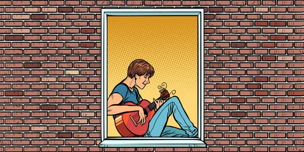 Joven tocando la guitarra acústica, sentado en la ventana — Archivo Imágenes Vectoriales