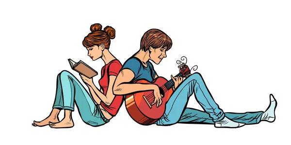 Pár teenagerů, děvče a chlapce. Žena, která čte knihu, muže hrající na kytaru — Stockový vektor