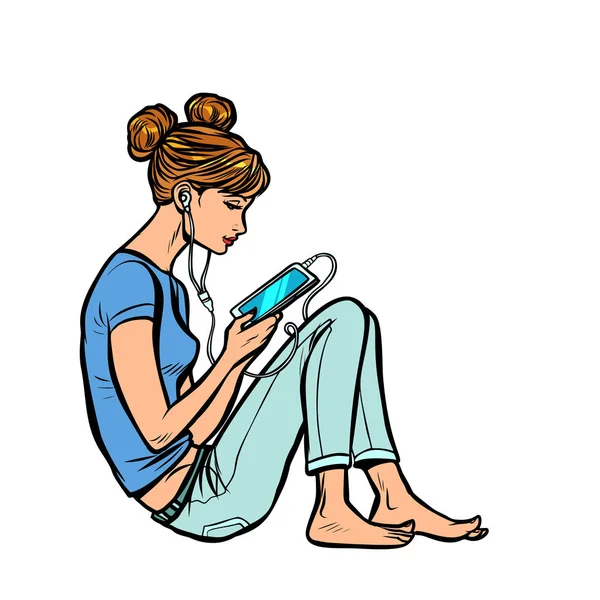 Adolescente écoutant de la musique ou un livre audio au téléphone — Image vectorielle