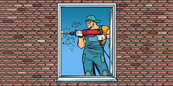 En arbetare installerar ett fönster, borrar en vägg — Stock vektor