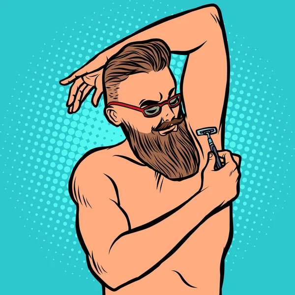 Barbudo hipster hombre afeita su axila con una navaja de afeitar — Vector de stock