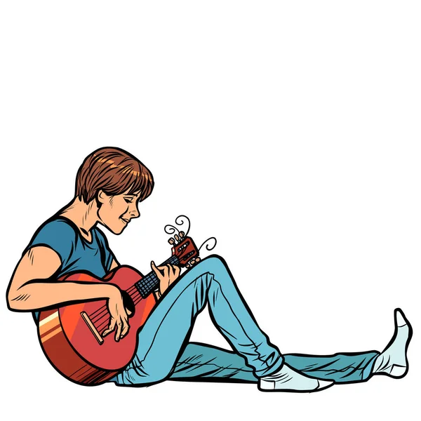 Joven adolescente hombre juega guitarra acústica — Vector de stock