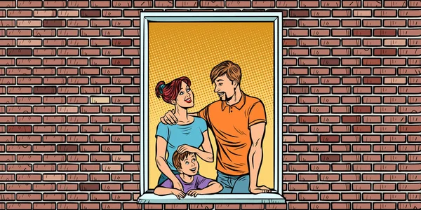 Молодая семья с мальчиком-сыном в окне дома — стоковый вектор
