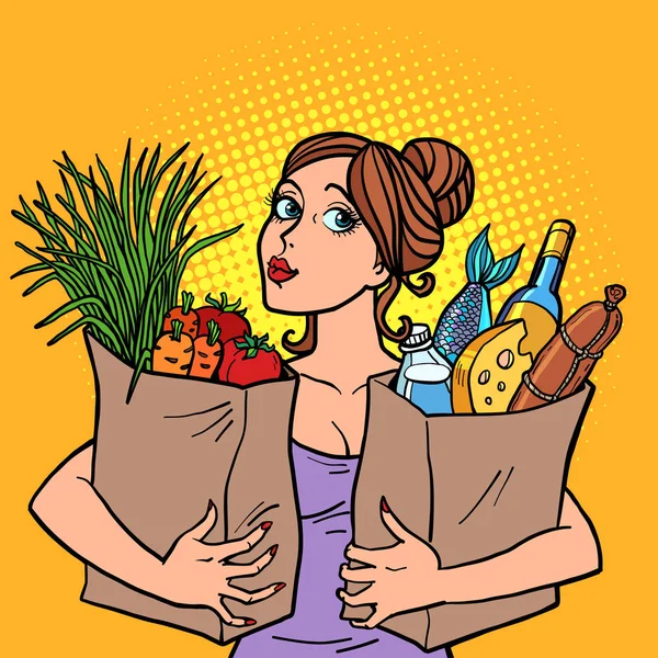 Γυναίκα και σακούλες τροφίμων — Διανυσματικό Αρχείο