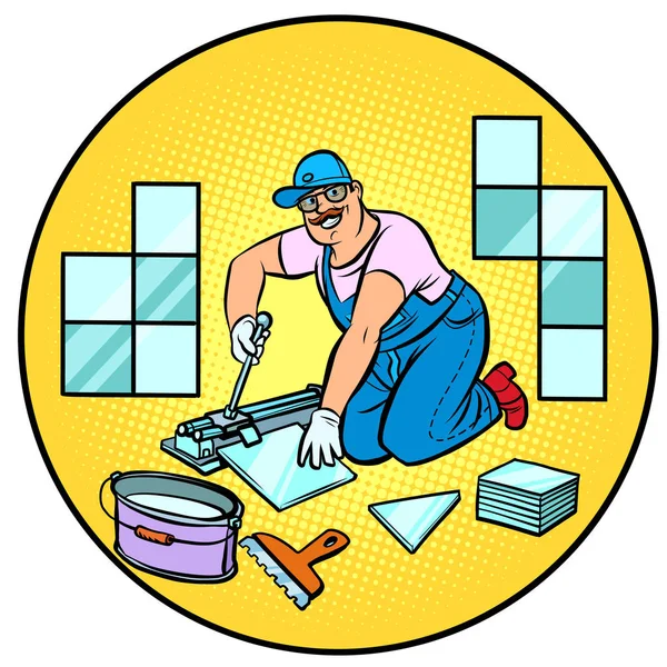 タイルを敷設するプロの労働者、修理作業 — ストックベクタ