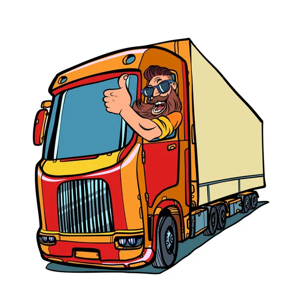 Truck driver. man with beard thumbs up — Stock Vector